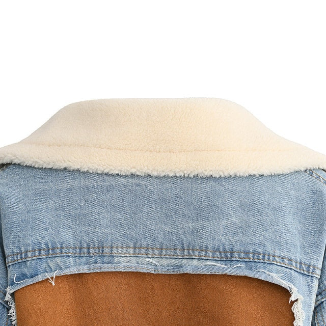 Bridget Patchwork Denim Coat with Faux Shearling – Women’s Long Winter Coat
