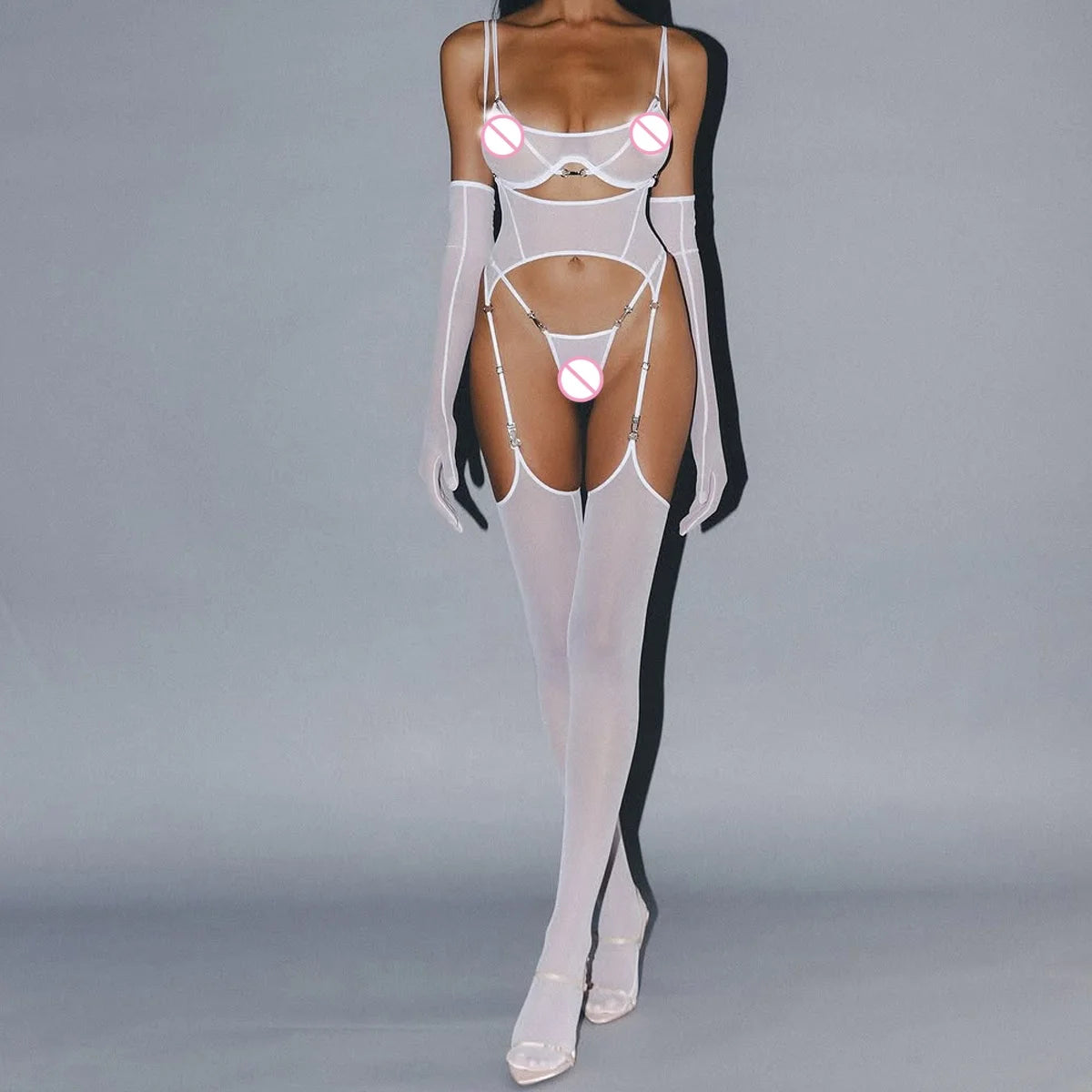 Mesh Breathable Lingerie 6 Piece Set – Ultra Thin Body Shaping Stocking Bodysuit with Garters