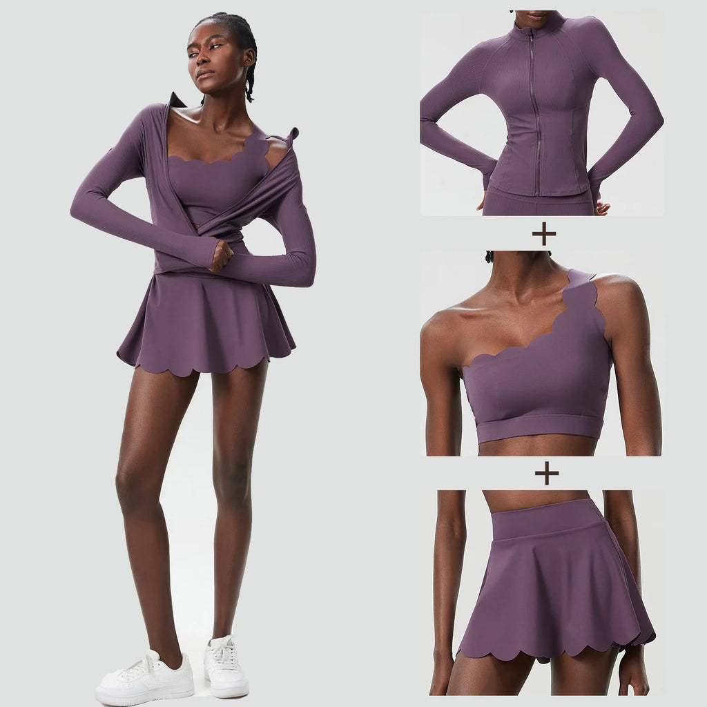3 Piece Women’s Fitness Yoga Set – Quick Dry Gym Outfit with Sports Bra, Skirt & Cover Top