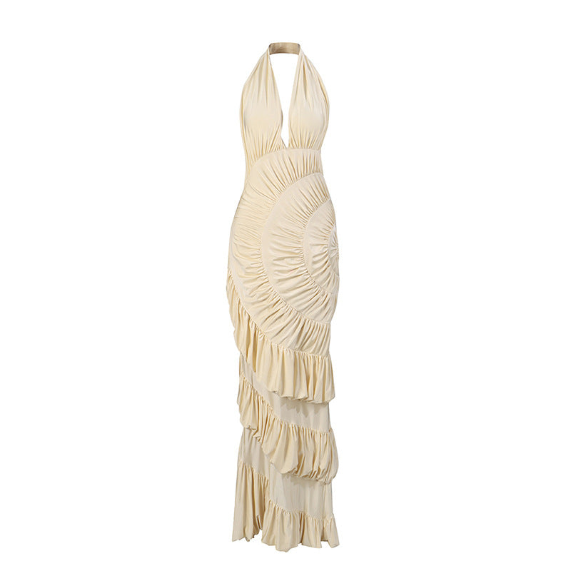 Beige Halter Mermaid Maxi Dress – 3D Ruffle Waist-Cinching Evening Gown
