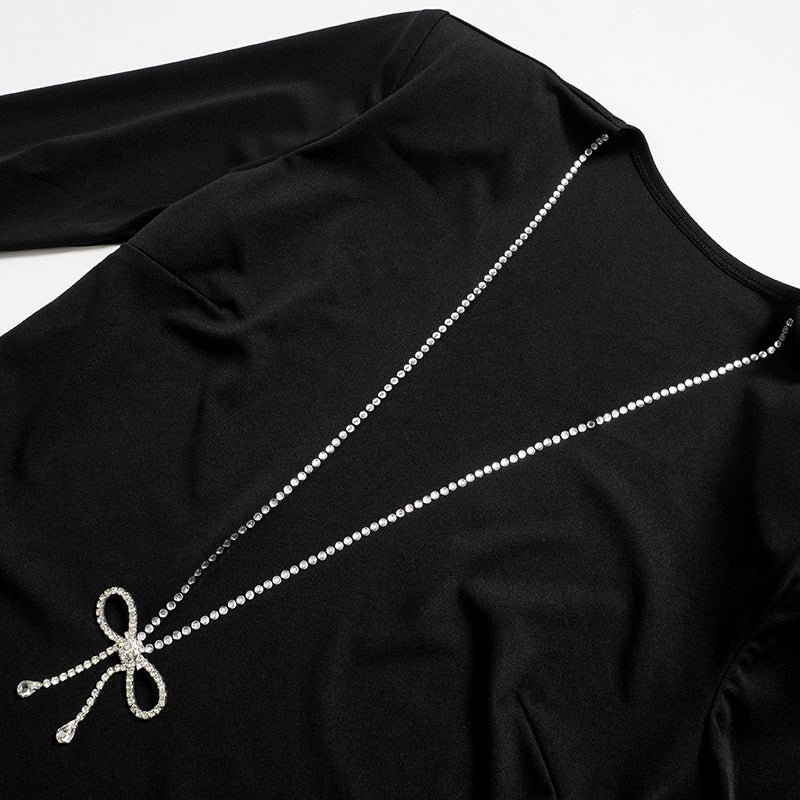AYKKO DEEP V-NECK DRESS with DIAMONDS BOW