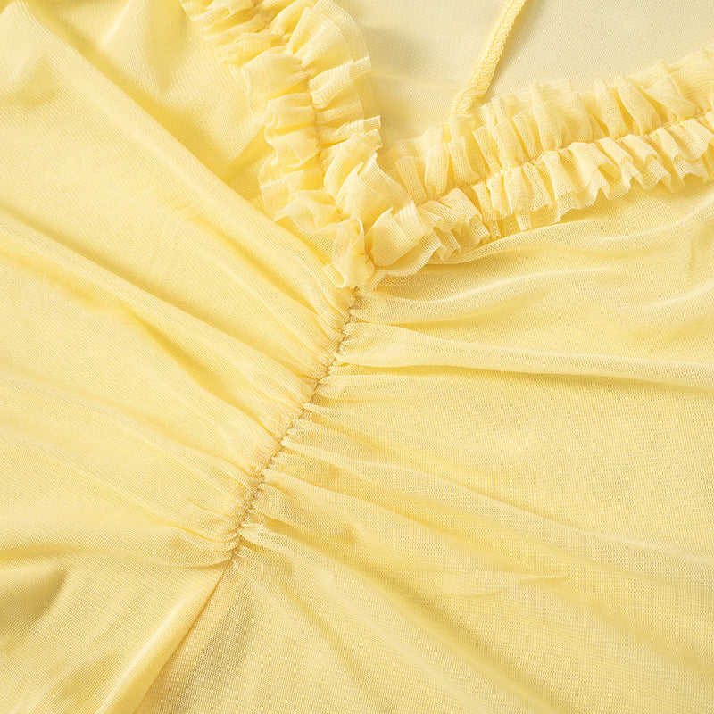 CUT OUT MESH MAXI DRESS RUFFLES SLEEVES