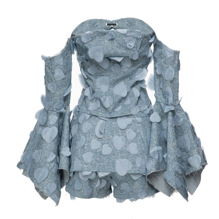 DENIM SHORTS and FLARE SLEEVE LACE UP TOP 2 PIECE SET