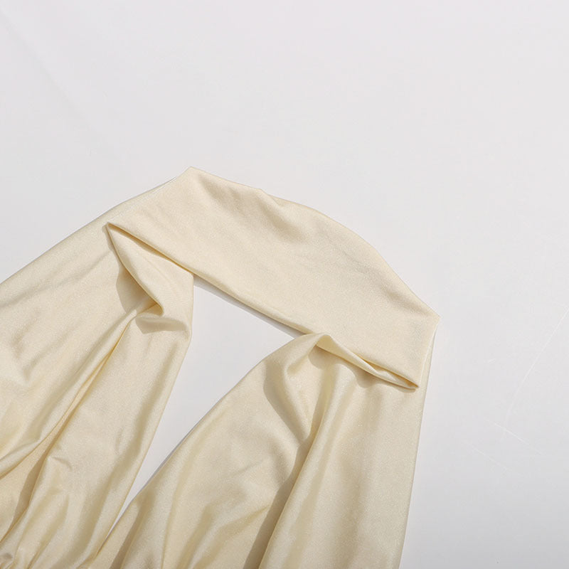 Beige Halter Mermaid Maxi Dress – 3D Ruffle Waist-Cinching Evening Gown
