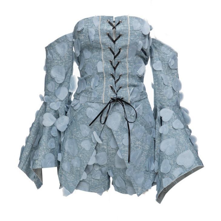 DENIM SHORTS and FLARE SLEEVE LACE UP TOP 2 PIECE SET