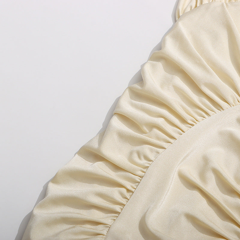 Beige Halter Mermaid Maxi Dress – 3D Ruffle Waist-Cinching Evening Gown