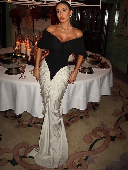 Off-shoulder contrast patchwork long dress with slim high-waist bodycon silhouette
