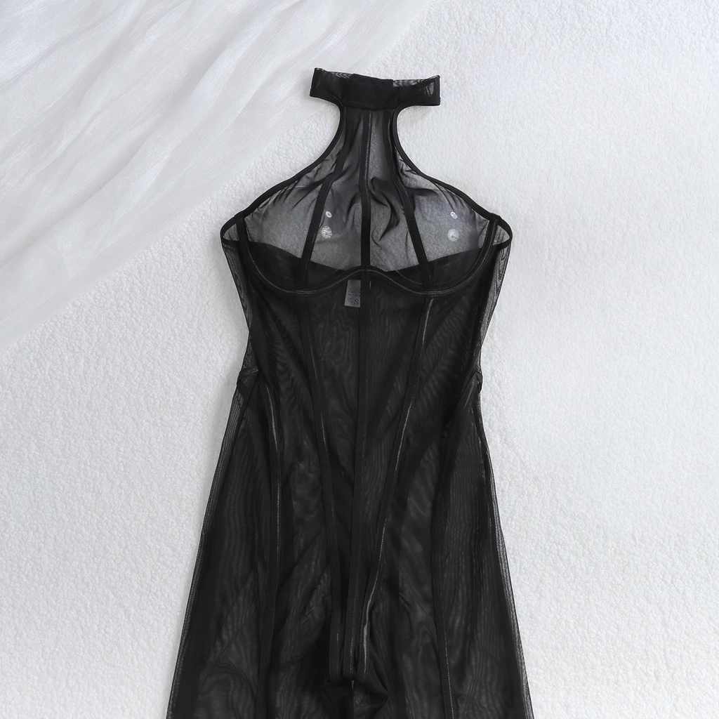 One-piece black sheer striped jumpsuit with elongated slimming effect
