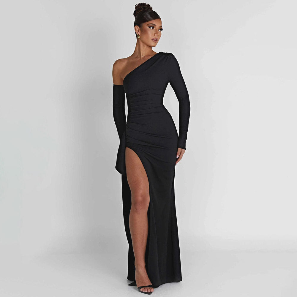 HOLLARD ONE SHOULDER HIGHT SLIT BLACK MAXI DRESS