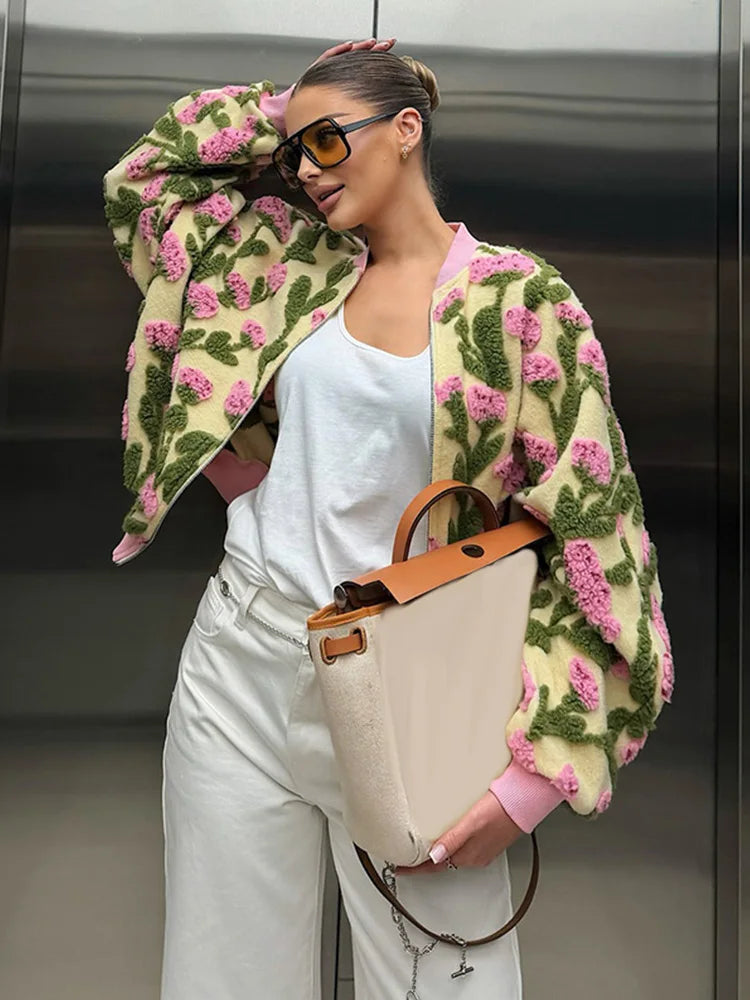 3D Floral Bomber Jacket for Women – Oversized Zip-Up Spring Statement Outerwear