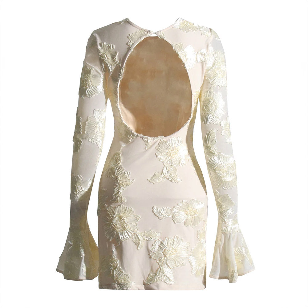 BEIGE EMBROIDERED FLOWER HOLLOWED OUT MINI DRESS