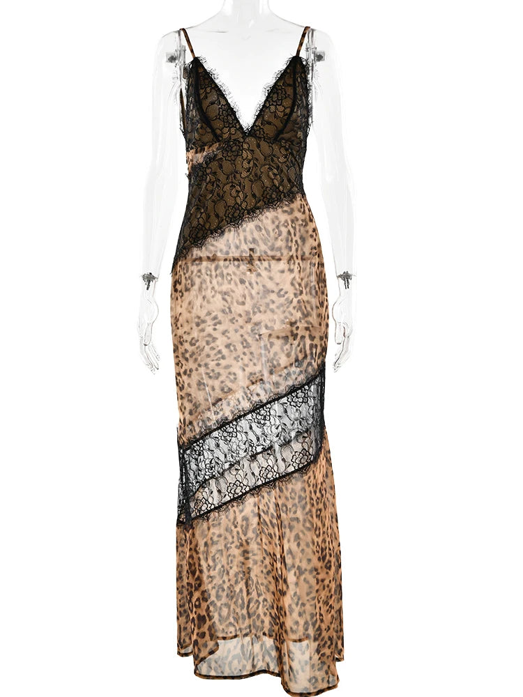 Leopard Print Lace Maxi Dress – Sexy Spaghetti Strap See-Through V-Neck Evening Party Dress