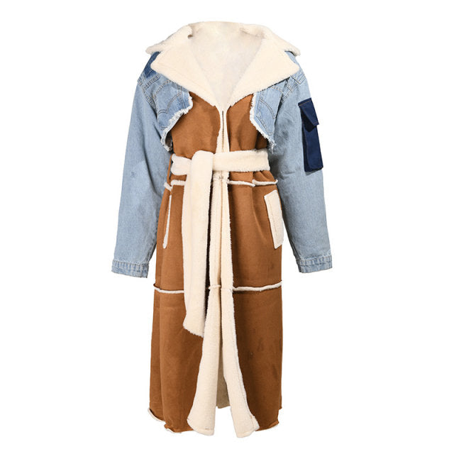 Bridget Patchwork Denim Coat with Faux Shearling – Women’s Long Winter Coat