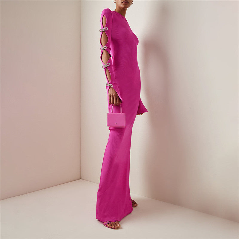 ROSELYN PINK HOLLOW OUT DRESS with CRYSTAL BOWS