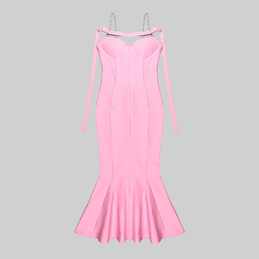 ARI PINK FRILLED BOTTOM BODYCON MIDI DRESS