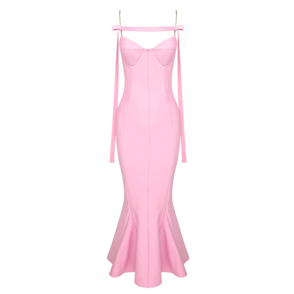 ARI PINK FRILLED BOTTOM BODYCON MIDI DRESS