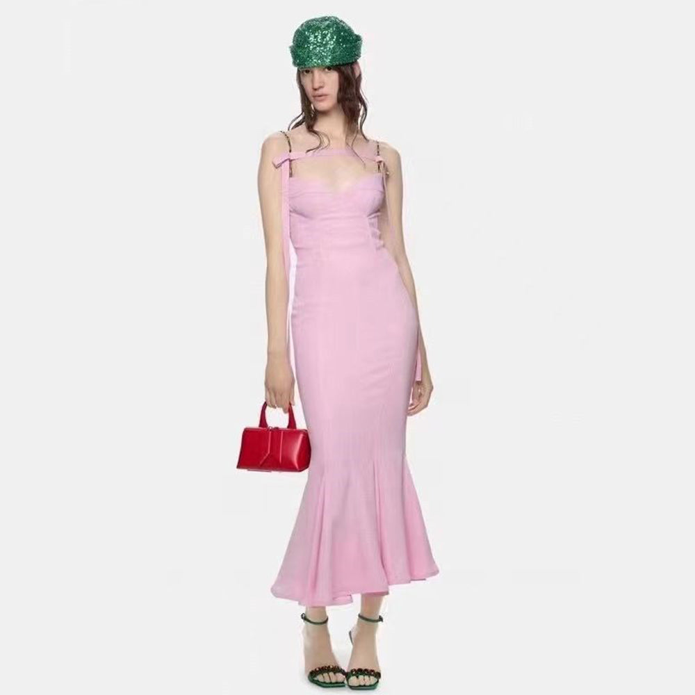 ARI PINK FRILLED BOTTOM BODYCON MIDI DRESS