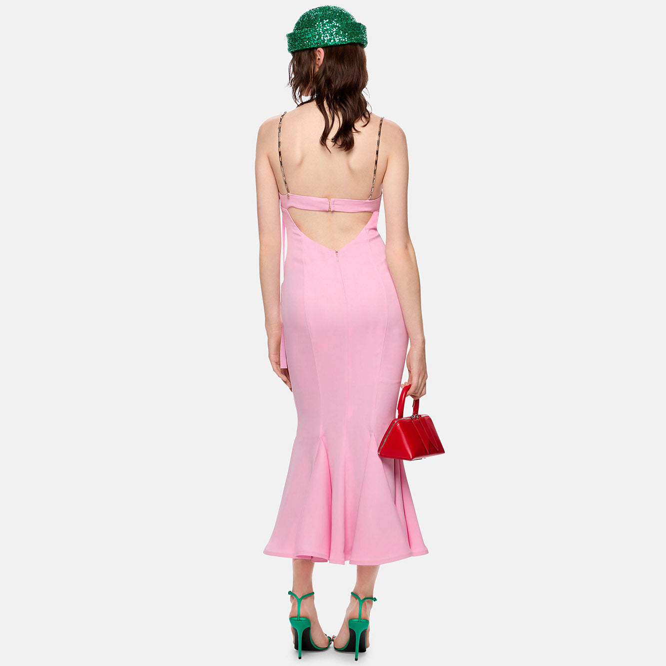 ARI PINK FRILLED BOTTOM BODYCON MIDI DRESS