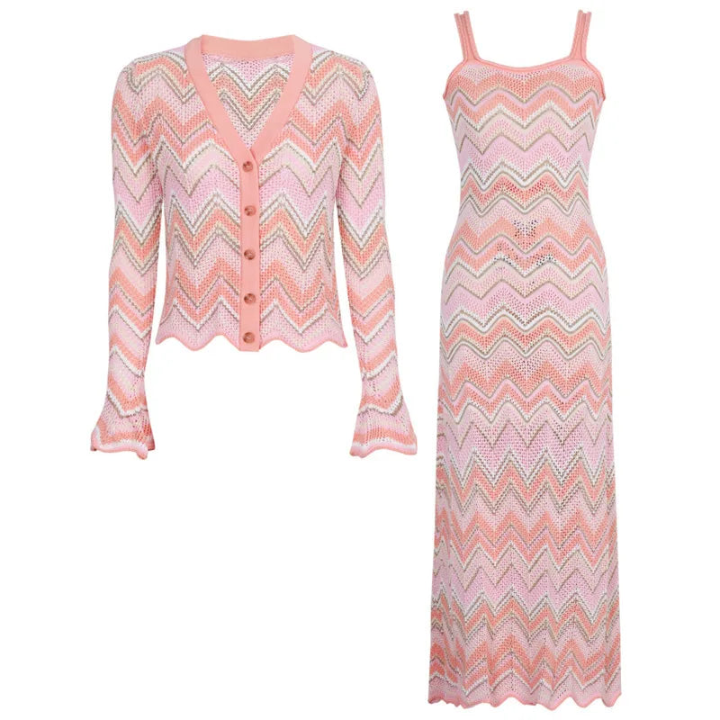 Pink Zigzag Knit Co-Ord Set – Sleeveless Top, Cardigan & Wide-Leg Pants