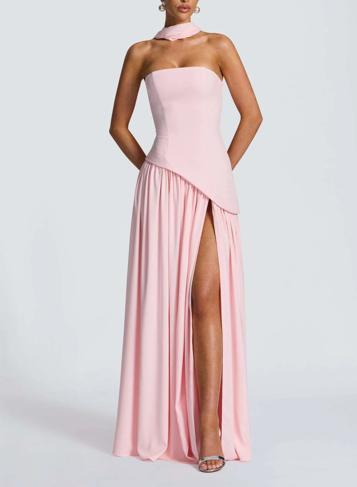 Strapless Pleated Maxi Dress with Scarf Detail and High Slit for Women