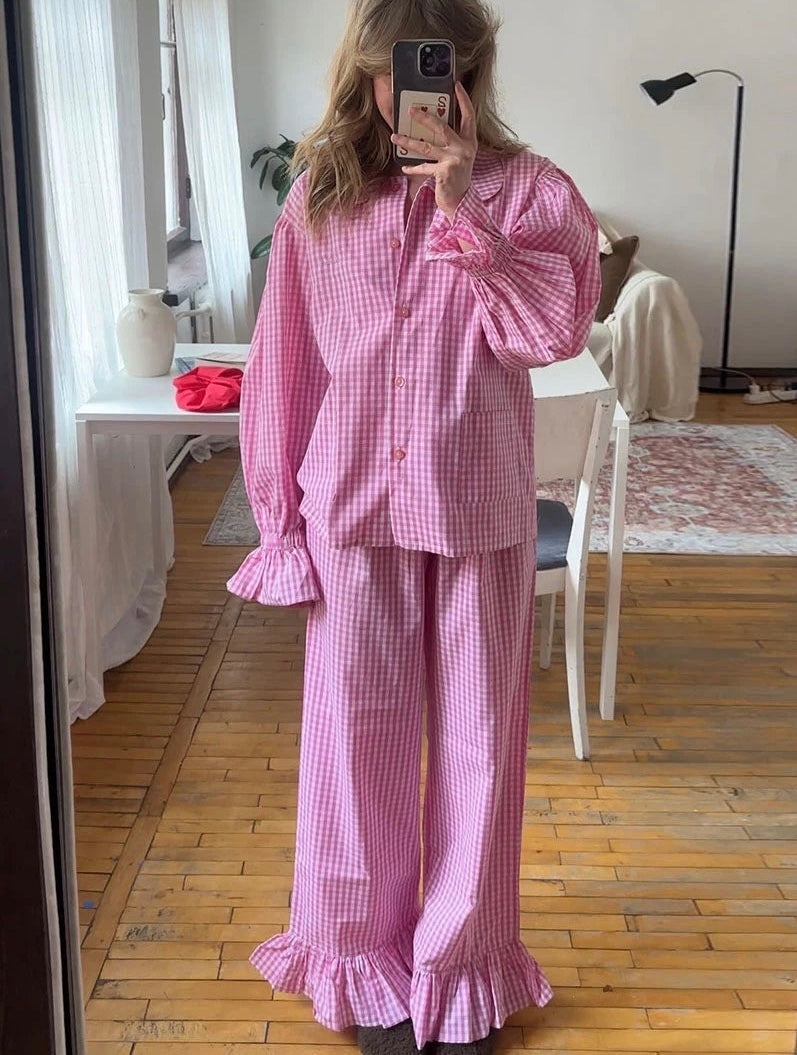 Plaid Two Piece Set with Oversized Shirt and Wide Leg Pants – Women’s Matching Set