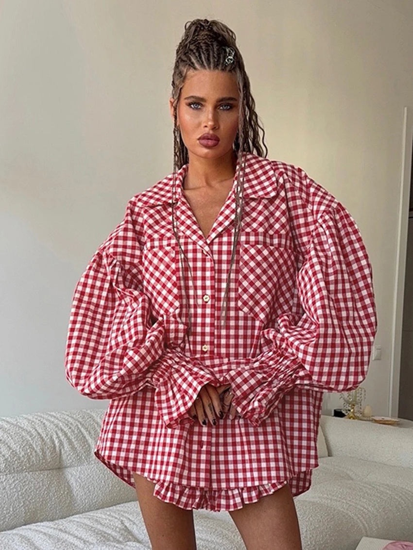 Plaid Two Piece Set with Ruffle Skirt – Women’s Matching Shirt and Skirt Set