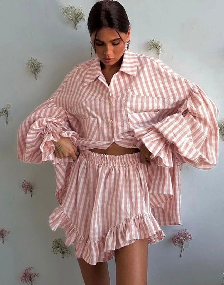 Plaid Two Piece Set with Ruffle Skirt – Women’s Matching Shirt and Skirt Set