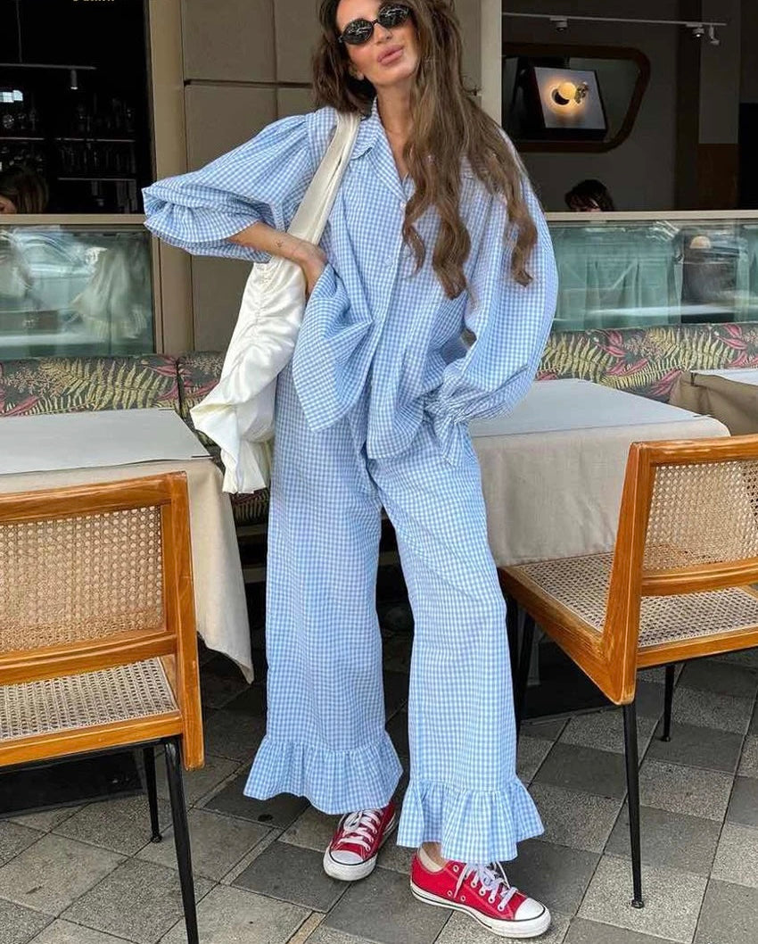 Plaid Two Piece Set with Oversized Shirt and Wide Leg Pants – Women’s Matching Set