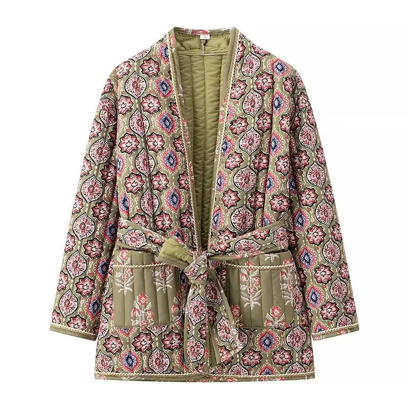 Printed Quilted Jacket with Waist Tie – Women’s Lightweight Statement Jacket