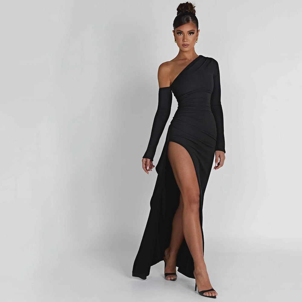 HOLLARD ONE SHOULDER HIGHT SLIT BLACK MAXI DRESS
