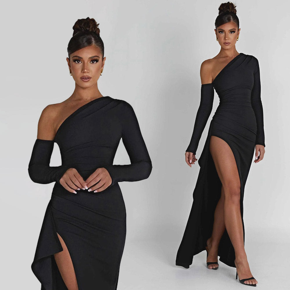 HOLLARD ONE SHOULDER HIGHT SLIT BLACK MAXI DRESS
