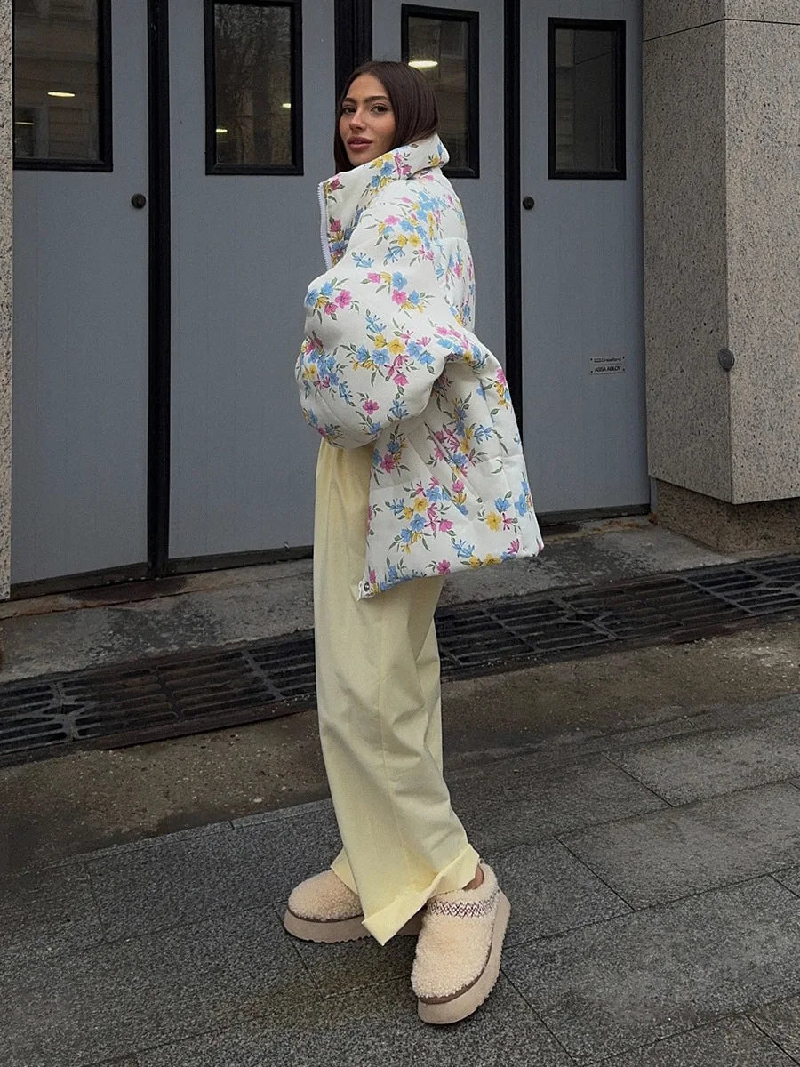 Floral Puffer Jacket with Hood – Women’s Quilted Winter Jacket