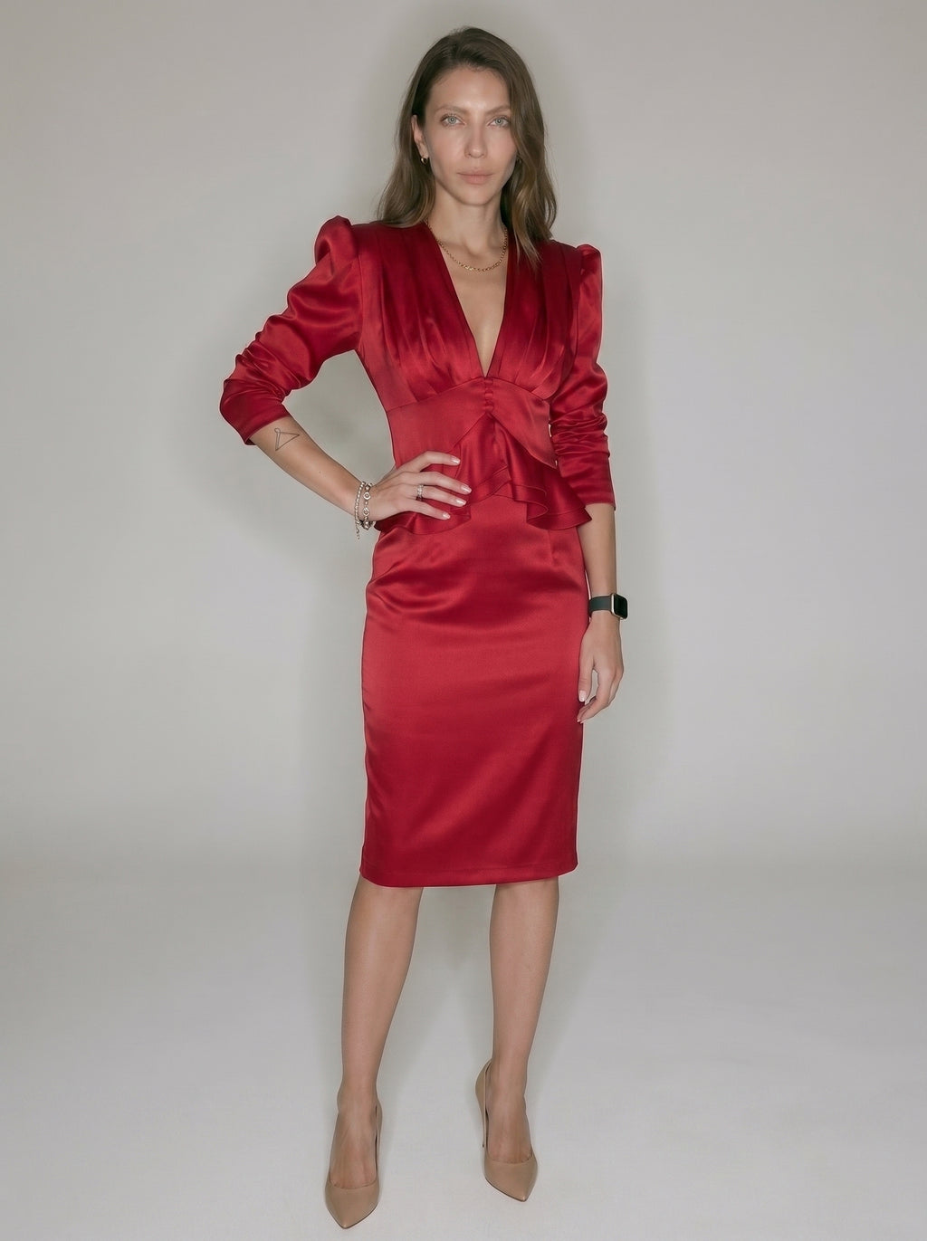 Women’s Satin Peplum Blouse - Deep V Neck Puff Sleeve Waist Cinching Top
