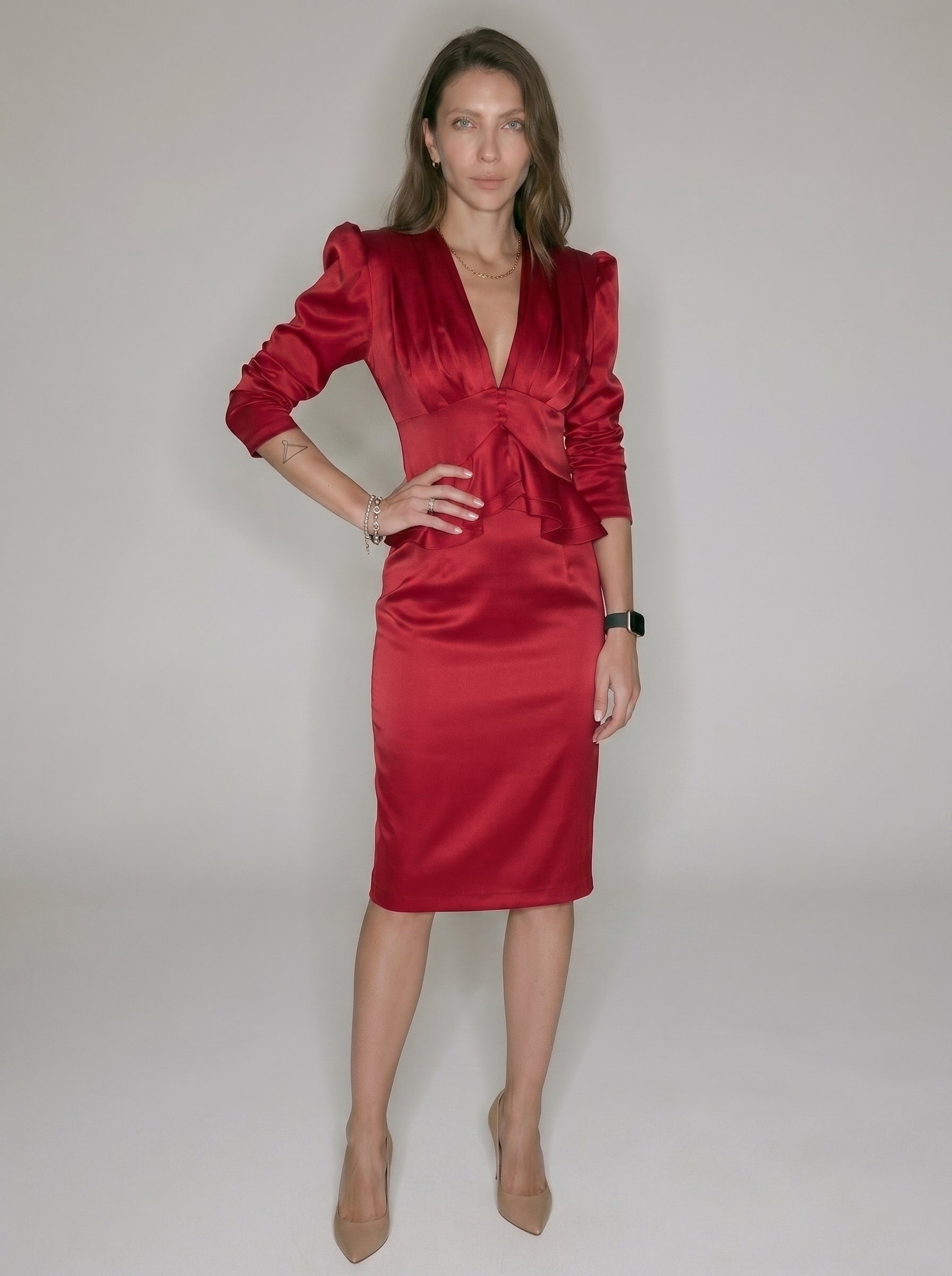 Women’s Satin Peplum Blouse - Deep V Neck Puff Sleeve Waist Cinching Top