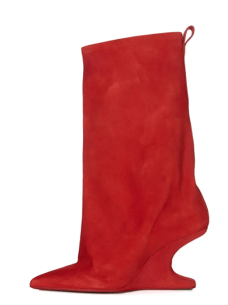 Sculptural Wedge Pointed-Toe Mid-Calf Boots