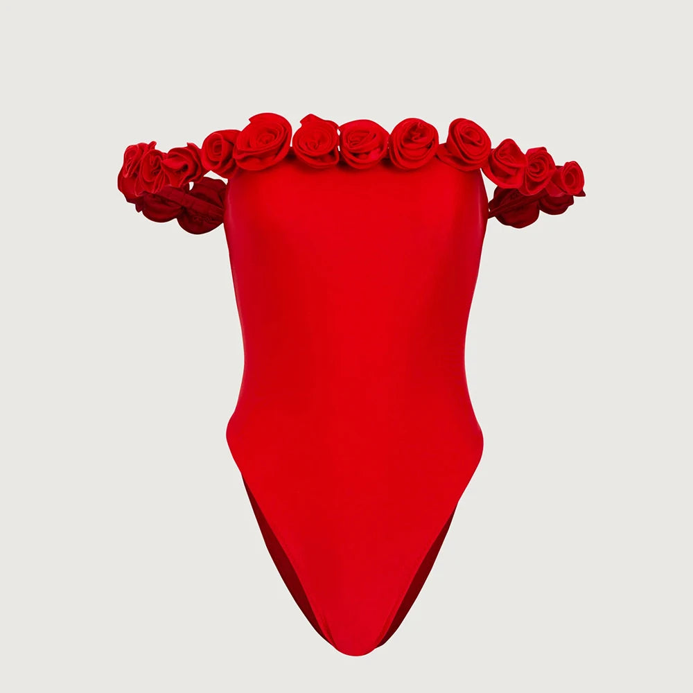 Floral Bandeau One-Piece Swimsuit – Strapless Solid Color Beachwear for Women