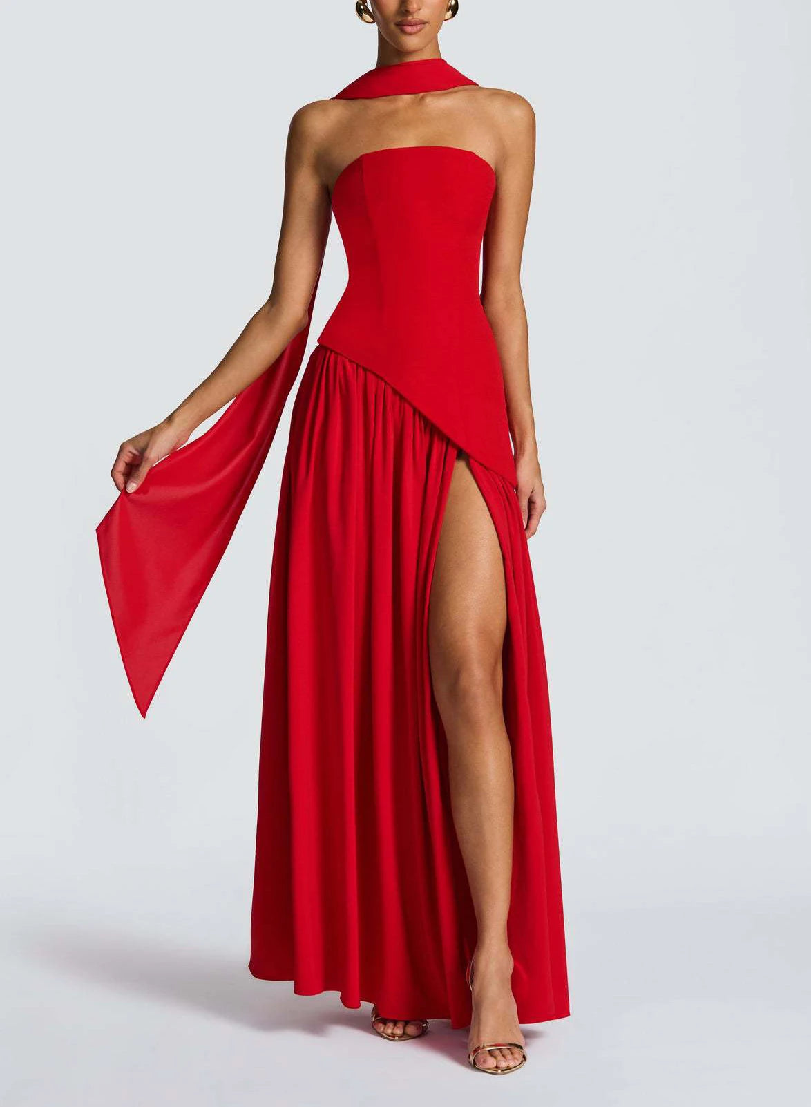 Strapless Pleated Maxi Dress with Scarf Detail and High Slit for Women