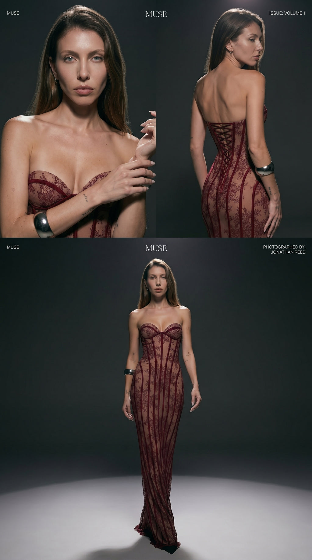 Sheer Lace Strapless Corset Maxi Dress – Black and Burgundy Evening Gown