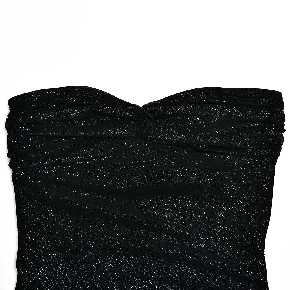 DENCA GLITTER MESH PLEATED MAXI DRESS