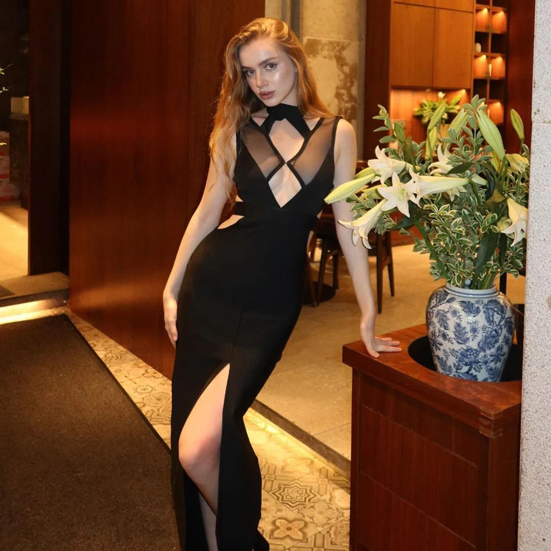 MESH HOLLOW OUT BODYCON BANDAGE MAXI DRESS