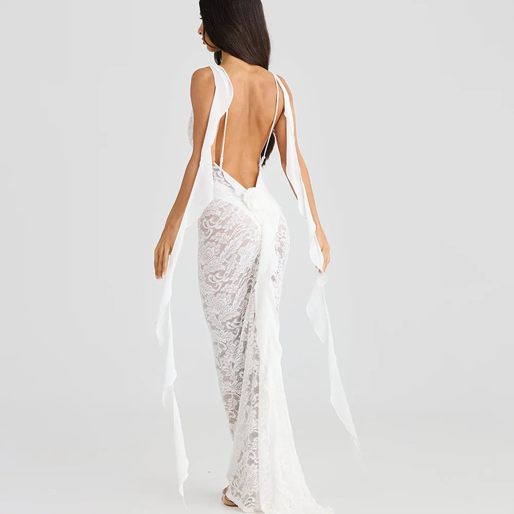 LACE BACKLESS TRAILING MAXI DRESS