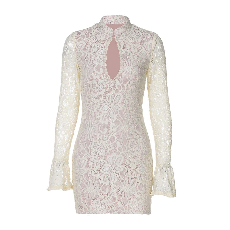 White lace dress with long sleeves on a white background