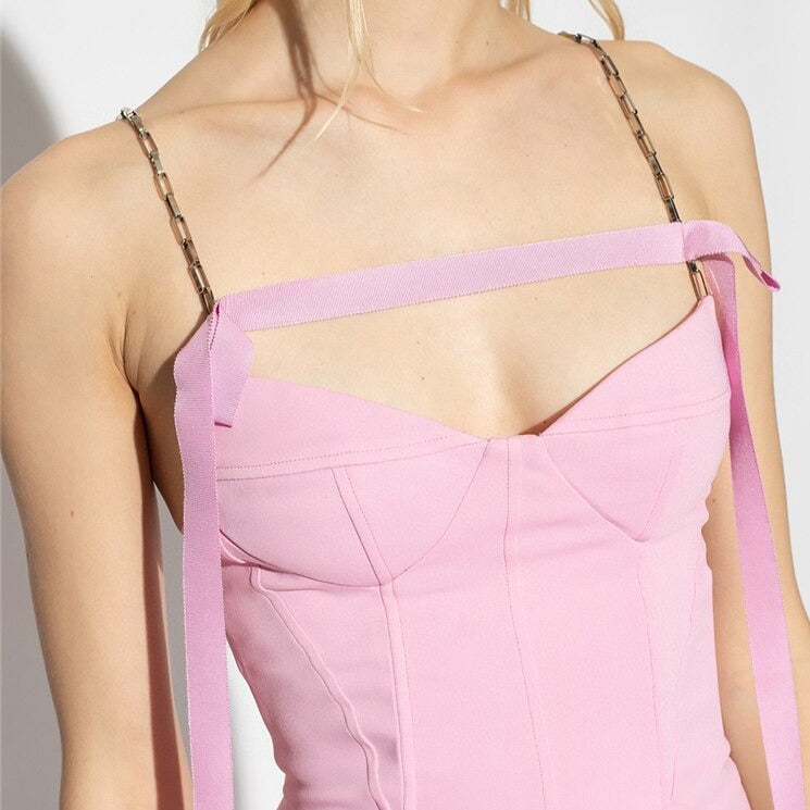 ARI PINK FRILLED BOTTOM BODYCON MIDI DRESS