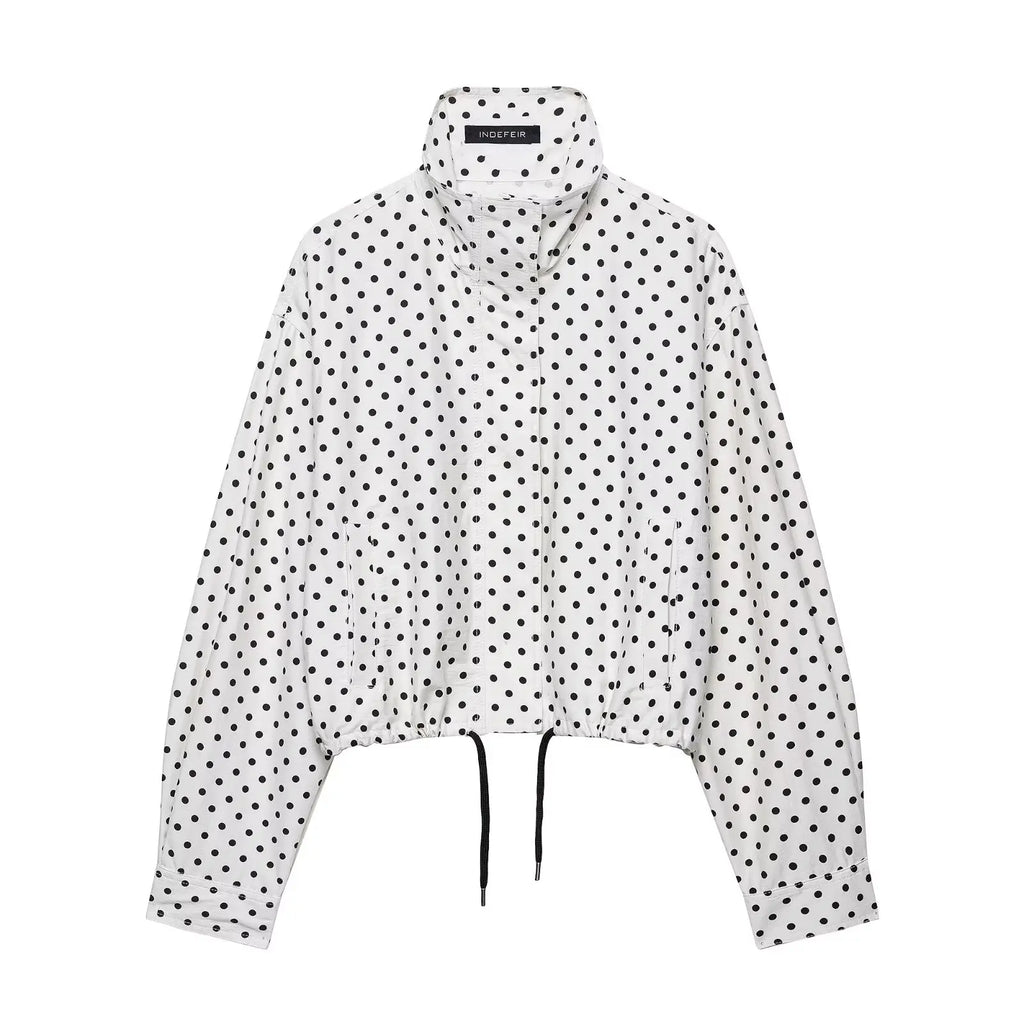 Polka Dot Two Piece Set with High Neck Jacket and Matching Pants or Shorts