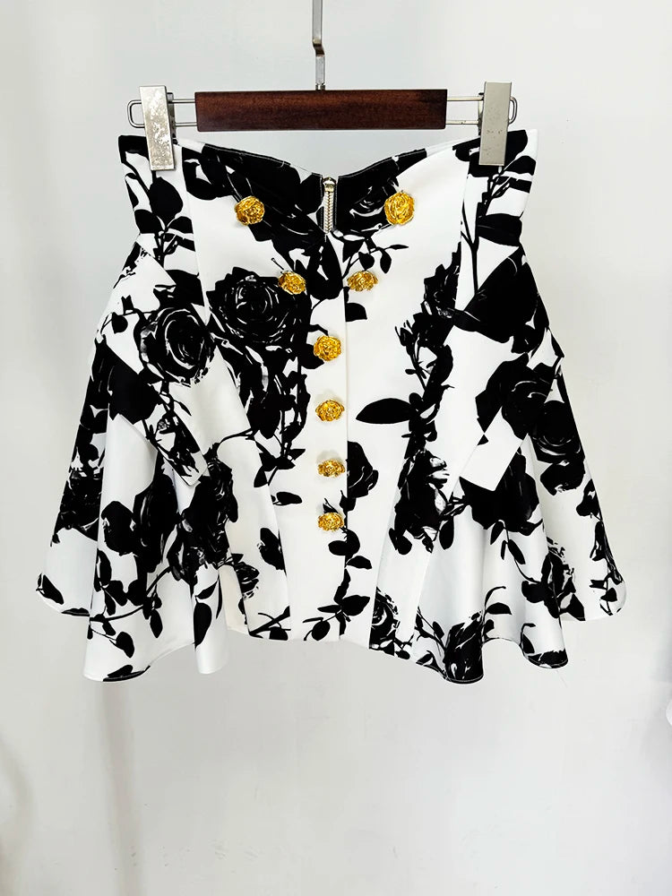Floral Print Mini Skirt With Metal Rose Buttons