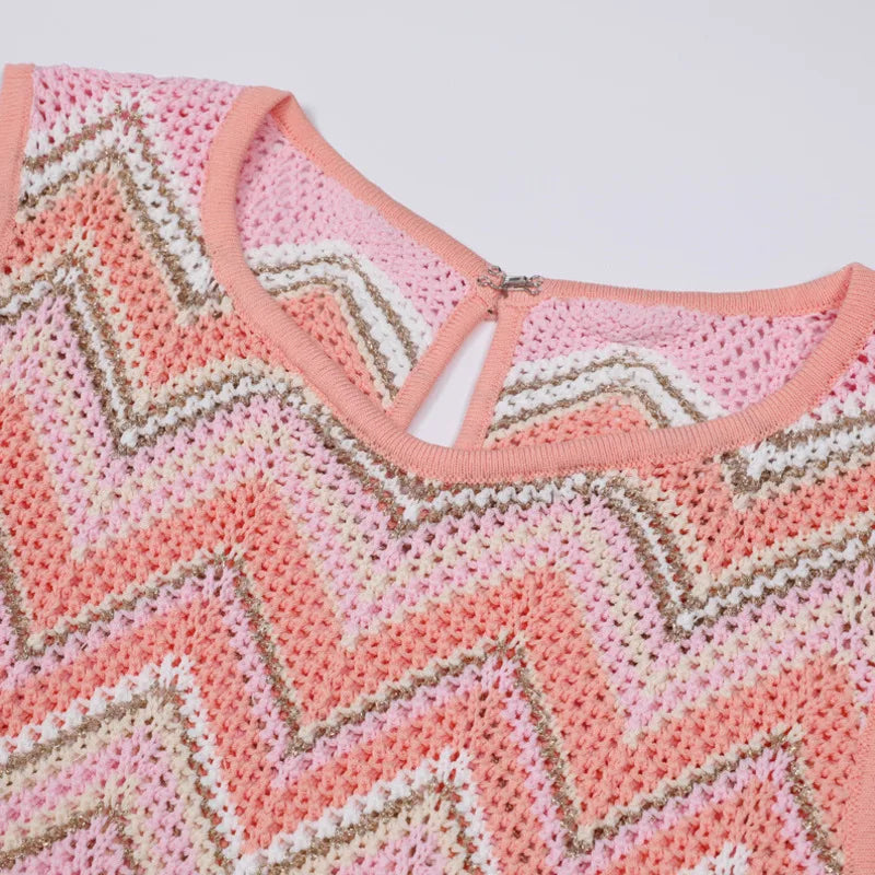 Pink Zigzag Knit Co-Ord Set – Sleeveless Top, Cardigan & Wide-Leg Pants