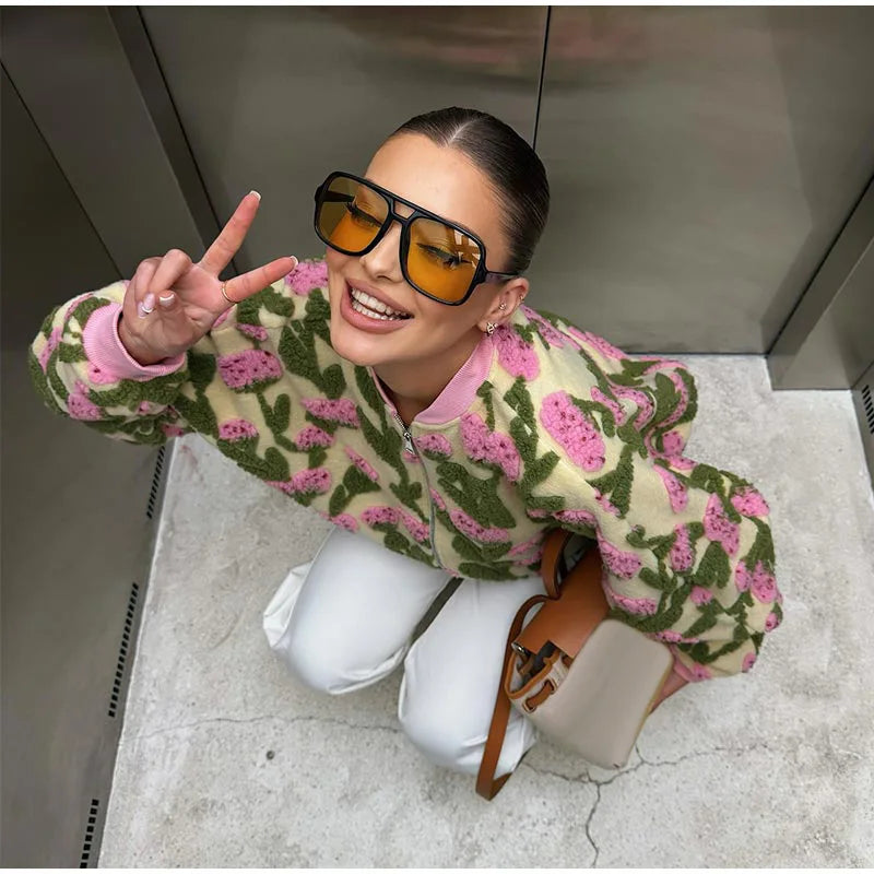 3D Floral Bomber Jacket for Women – Oversized Zip-Up Spring Statement Outerwear