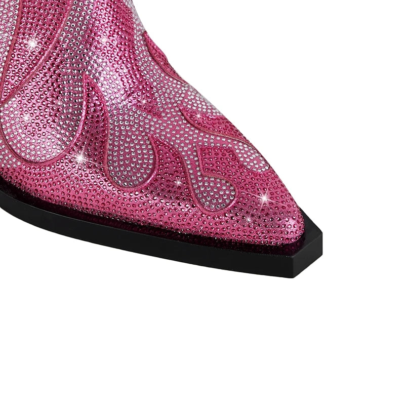 FLAME SHAPE SHORT BOOTS THICK HEEL decorated with CRYSTALS