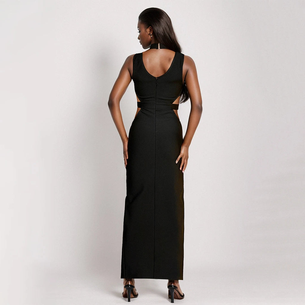 MESH HOLLOW OUT BODYCON BANDAGE MAXI DRESS
