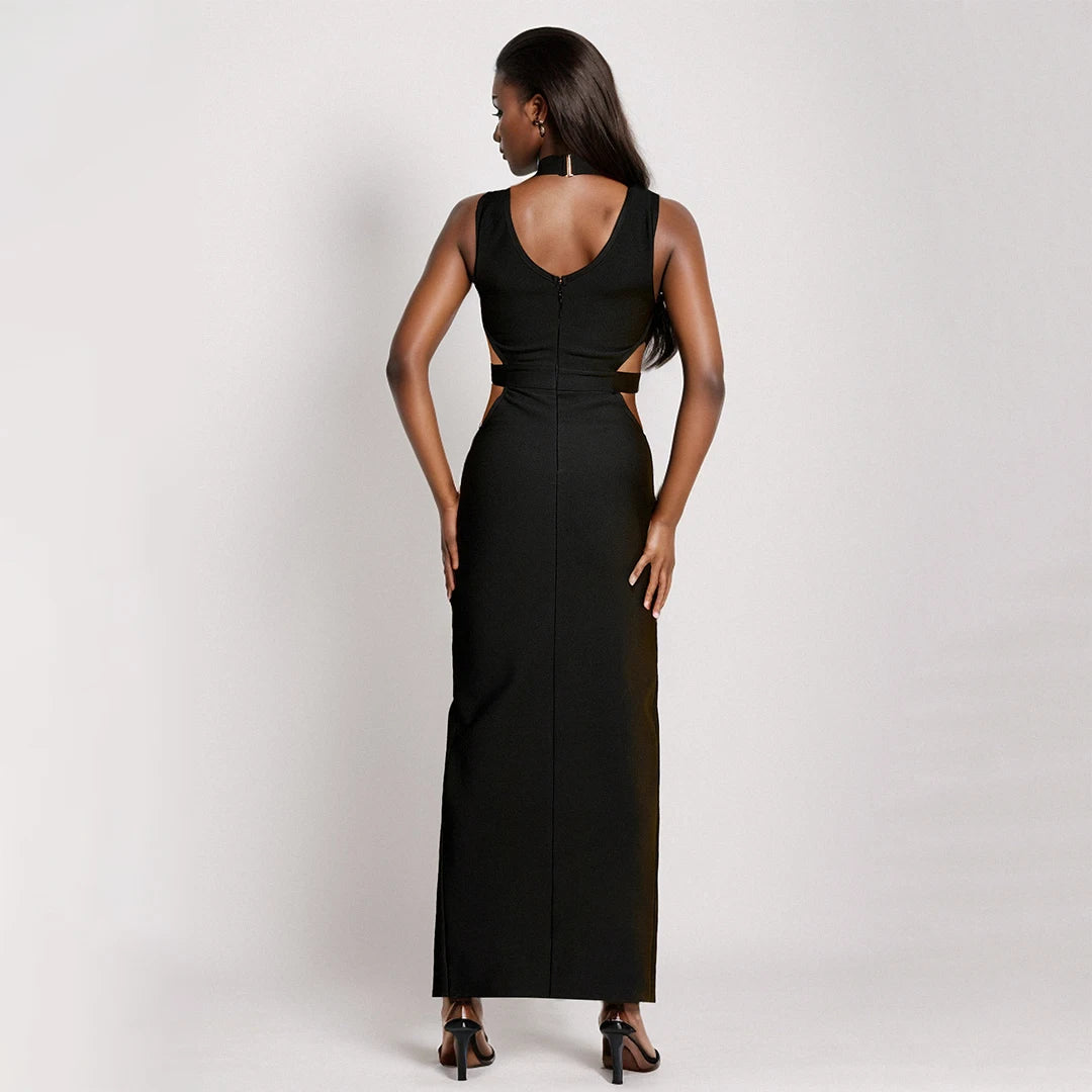 MESH HOLLOW OUT BODYCON BANDAGE MAXI DRESS